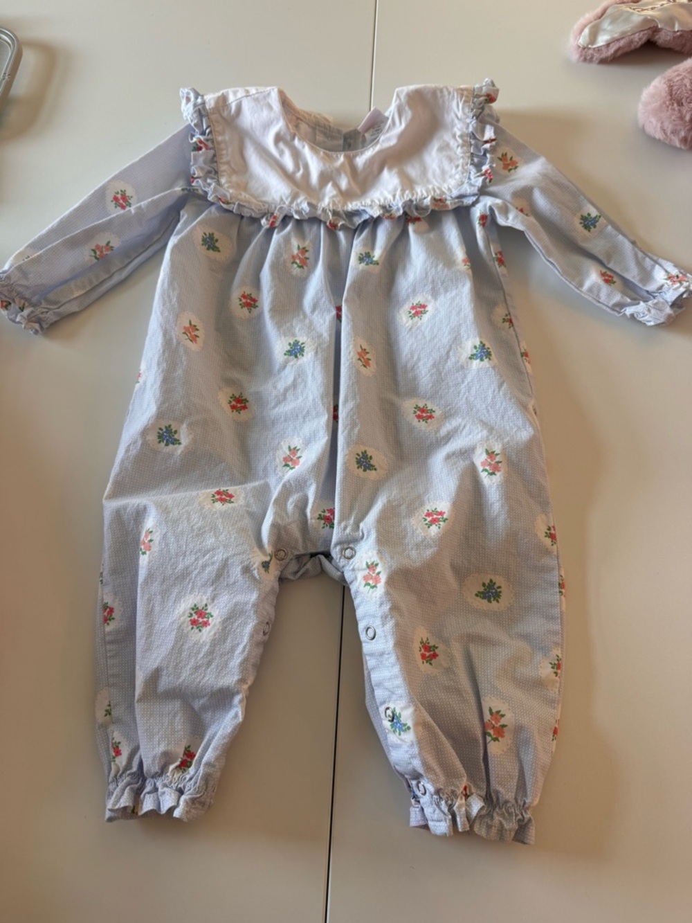 Stitchy Fish 12-18 month Light Blue Floral Ruffle Yoke romper